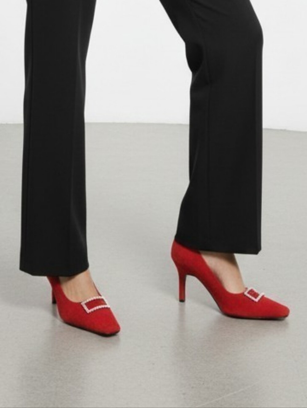 Red Suede Heels with Sparkling Buckle